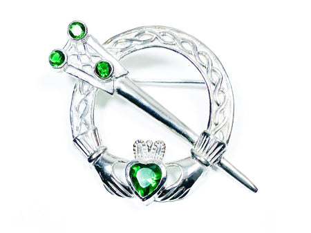 Claddagh Brooch Silver with Emerald Cubic Zirconia Stone