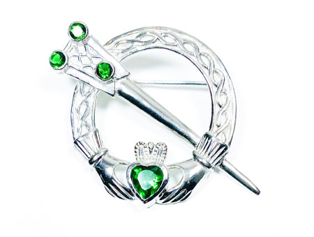 Claddagh Brooch Silver with Emerald Cubic Zirconia Stone
