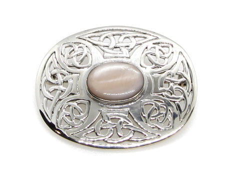 Celtic Pink M O P Stone Silver Brooch
