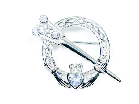 Claddagh Brooch Silver with White Cubic Zirconia Stone