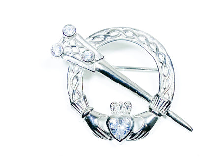 Claddagh Brooch Silver with White Cubic Zirconia Stone