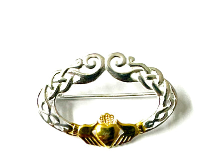 Claddagh Silver And Yellow Plated 2 Tone Brooch