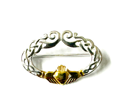 Claddagh Silver And Yellow Plated 2 Tone Brooch