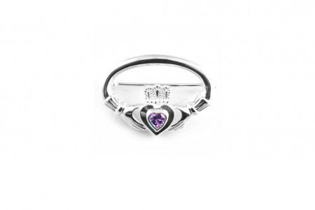 Claddagh Brooch Silver with Amethyst Cubic Zirconia Stone