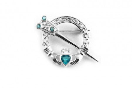Claddagh Brooch Silver with Aquamarine Cubic Zirconia Stone
