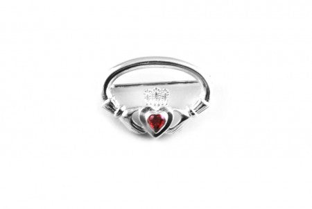Claddagh Brooch Silver with Garnet Cubic Zirconia Stone
