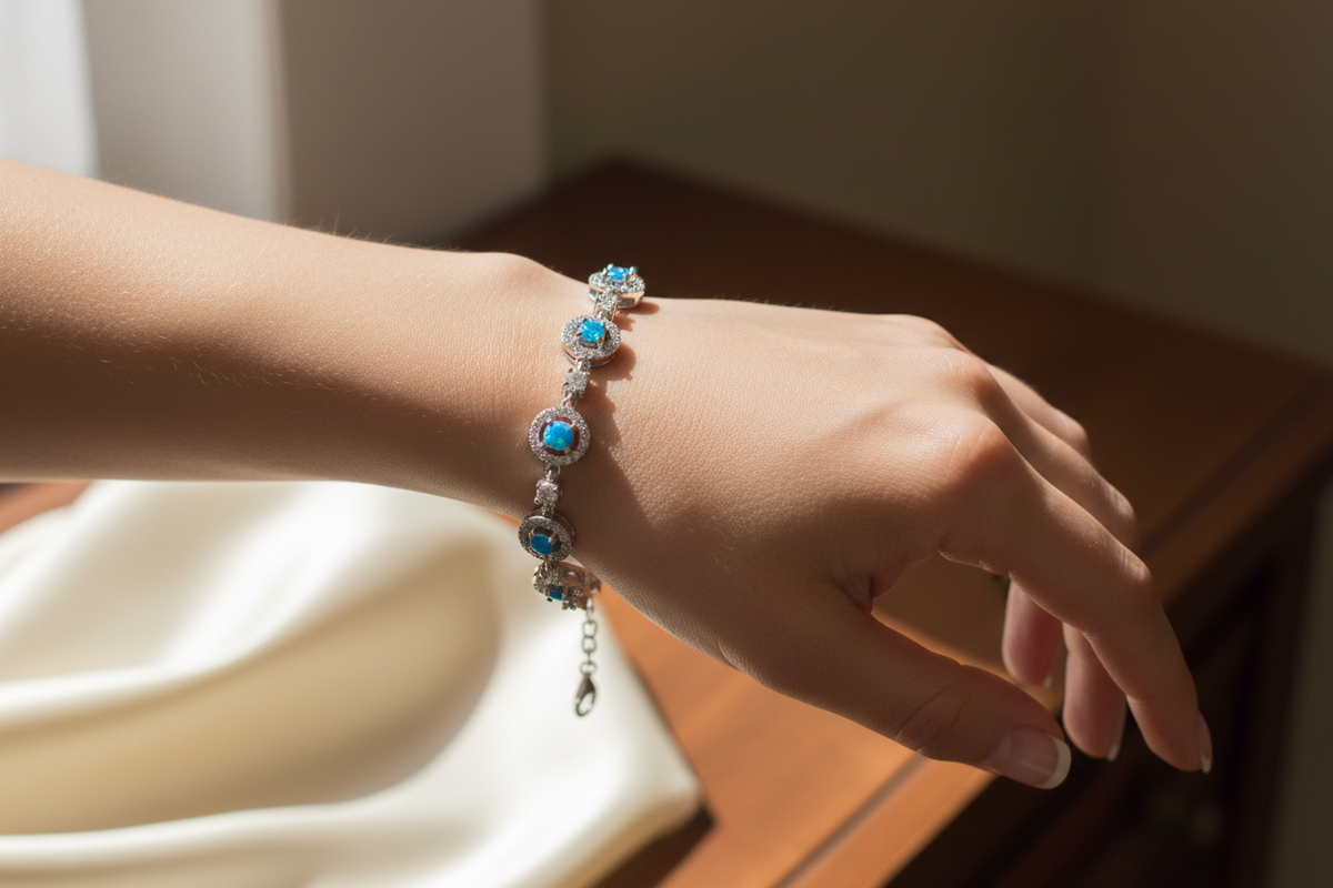 Blue Opal With Cz Silver Bracelet