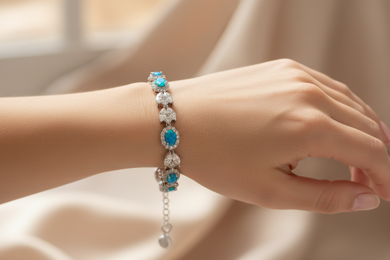 Silver Blue Opal With Cz Bracelet