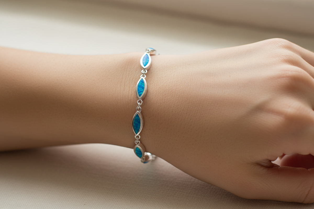 Blue Opal With Cz Silver Bracelet