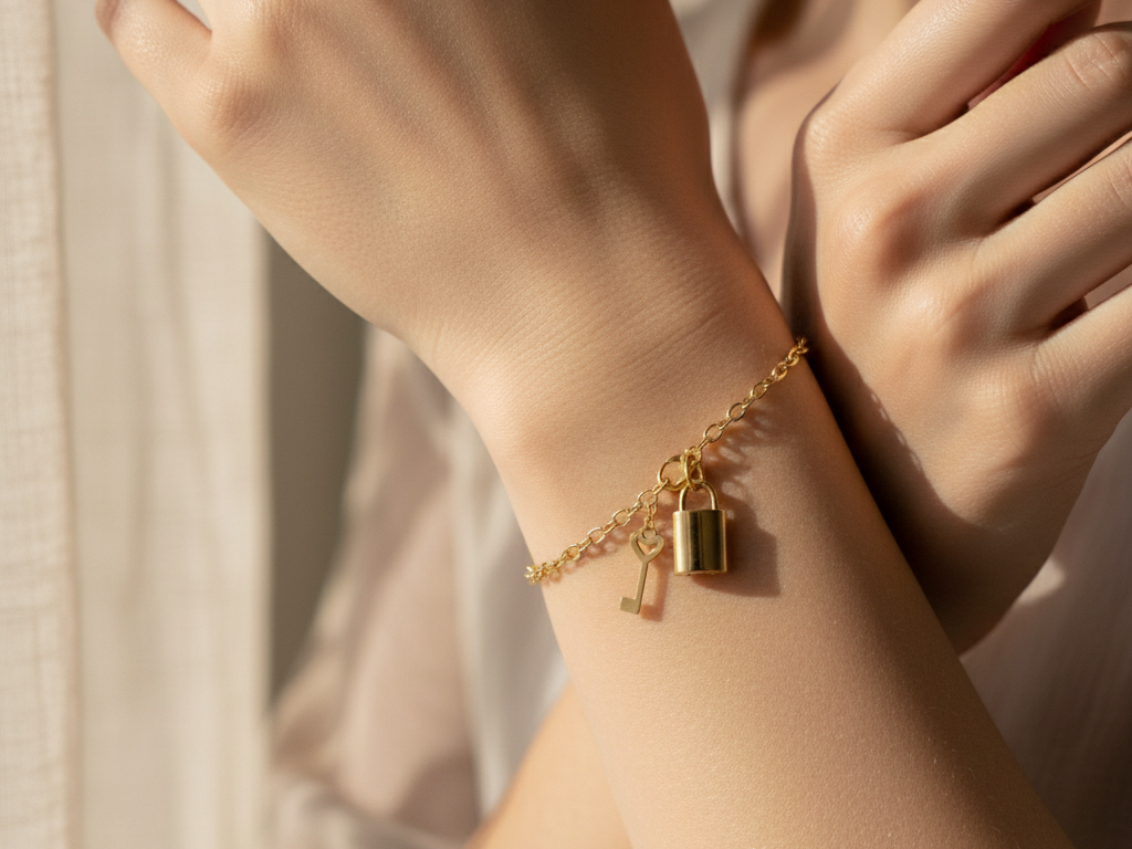9 CT Yellow Gold Padlock And Key Bracelet