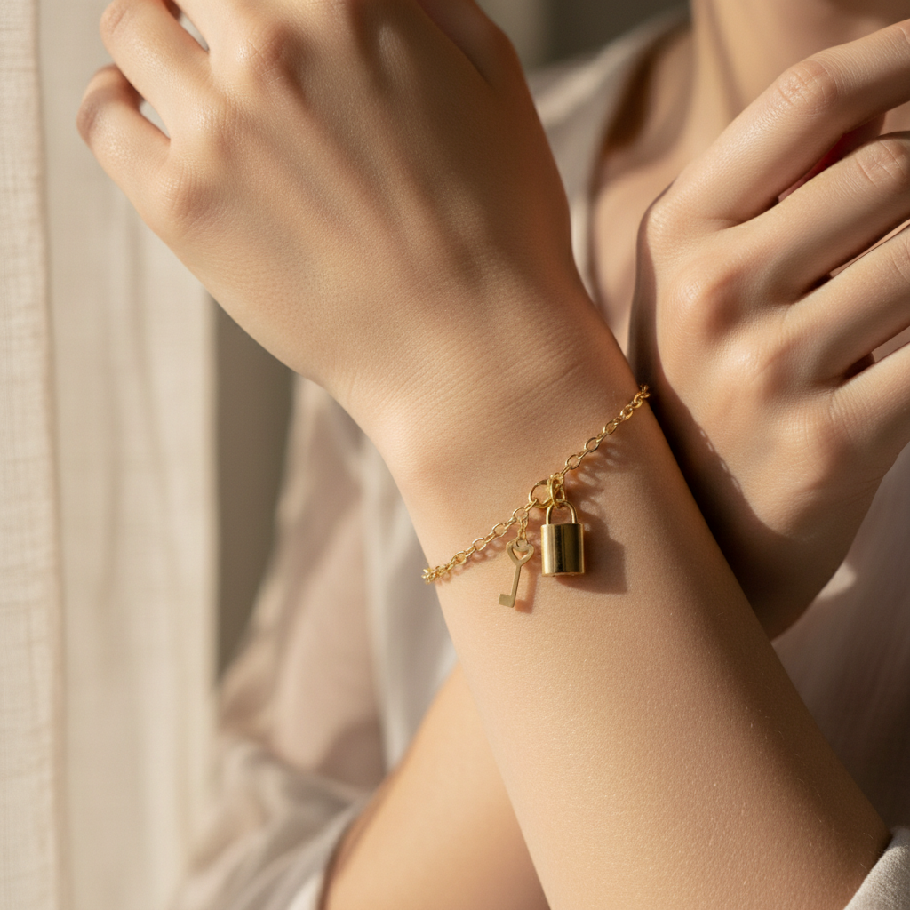 9 CT Yellow Gold Padlock And Key Bracelet