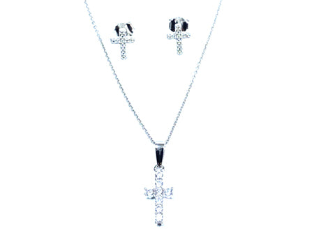 A Kids Silver Cross Design Necklace And Earring Set Boxed.