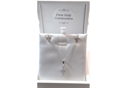 A Kids Silver Cross Design Necklace And Earring Set Boxed.