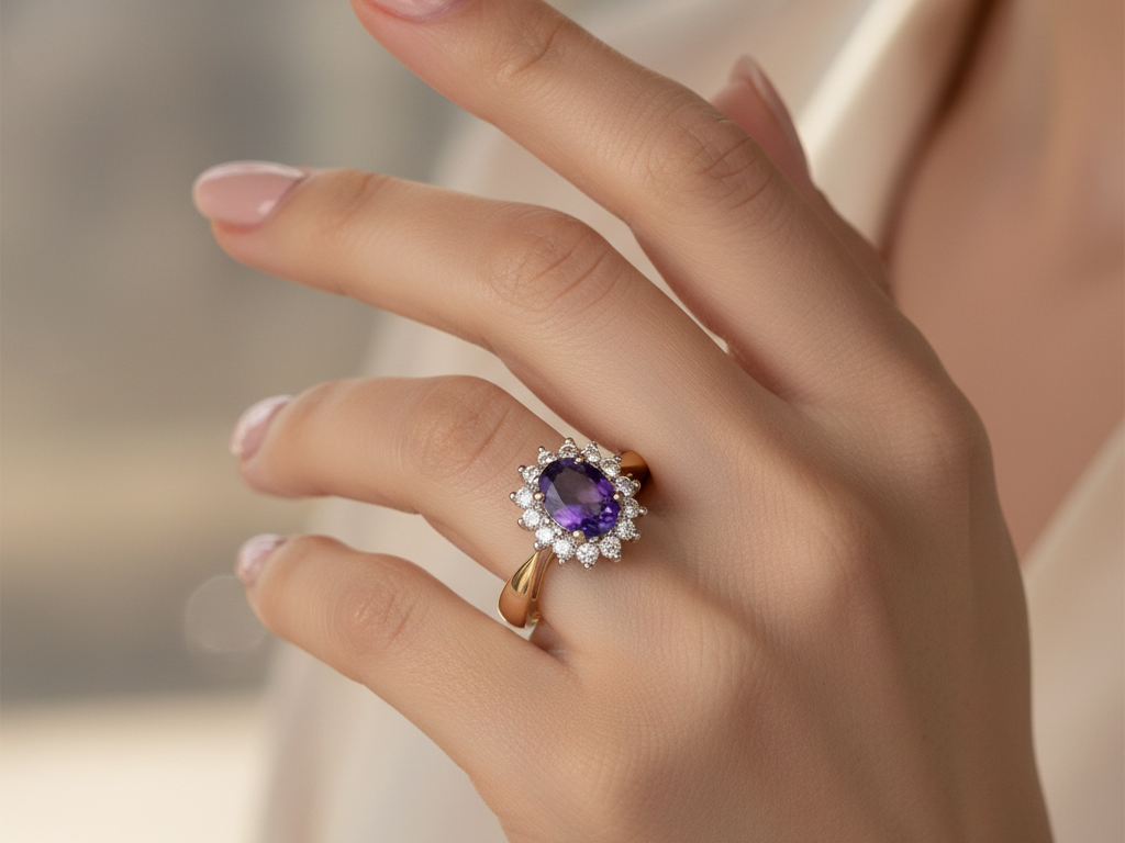 9ct Yellow Gold Amethyst Cz Ring.