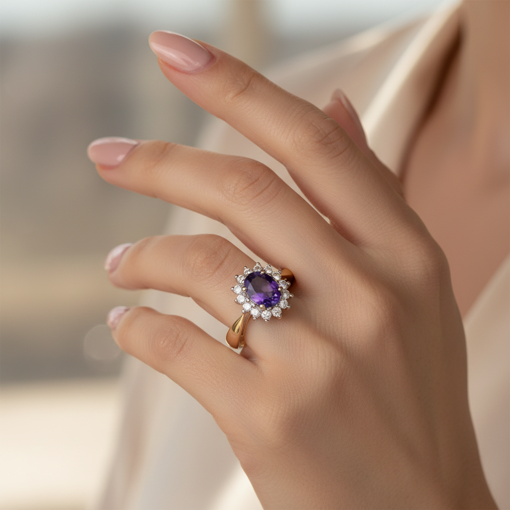 9ct Yellow Gold Amethyst Cz Ring.