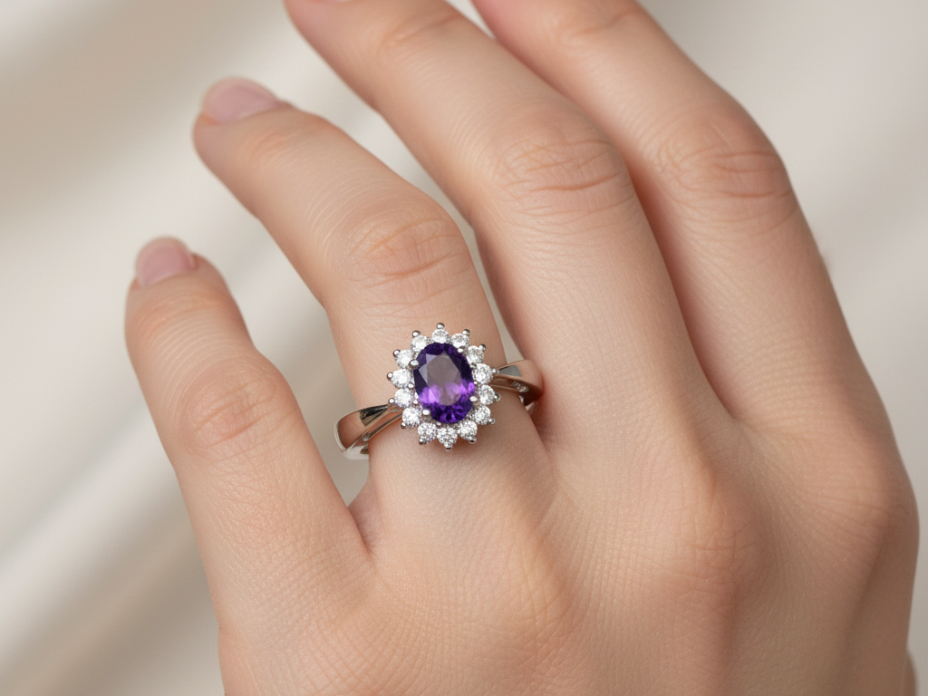 9ct White Gold Amethyst Cz Ring.