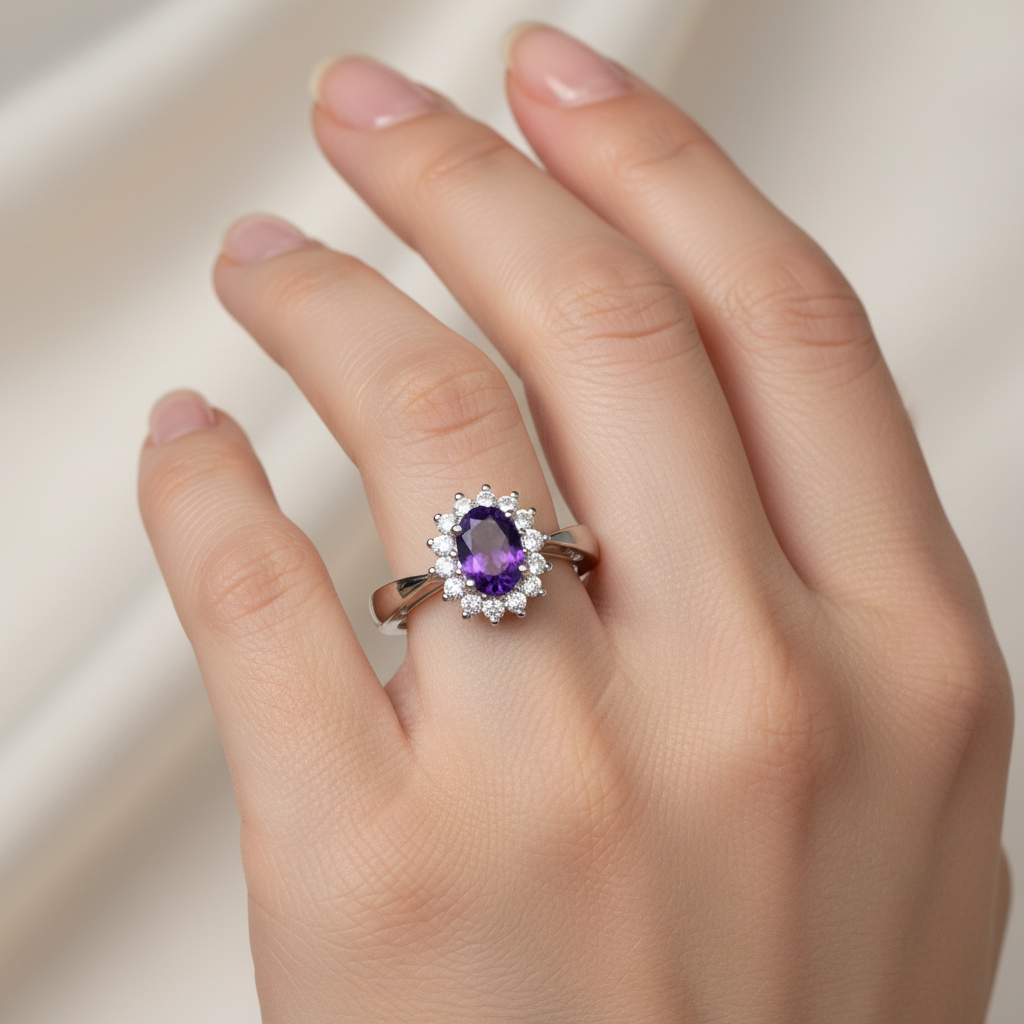 9ct White Gold Amethyst Cz Ring.