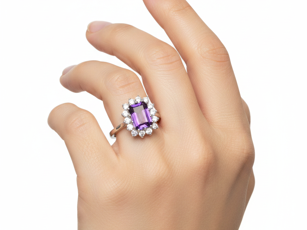 9ct White Gold Cz Amethyst Ring.