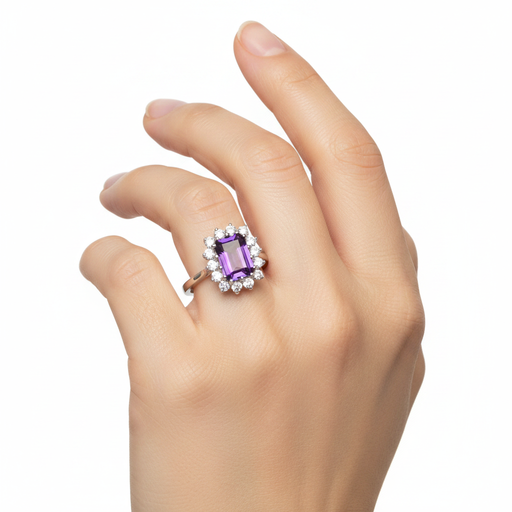9ct White Gold Cz Amethyst Ring.