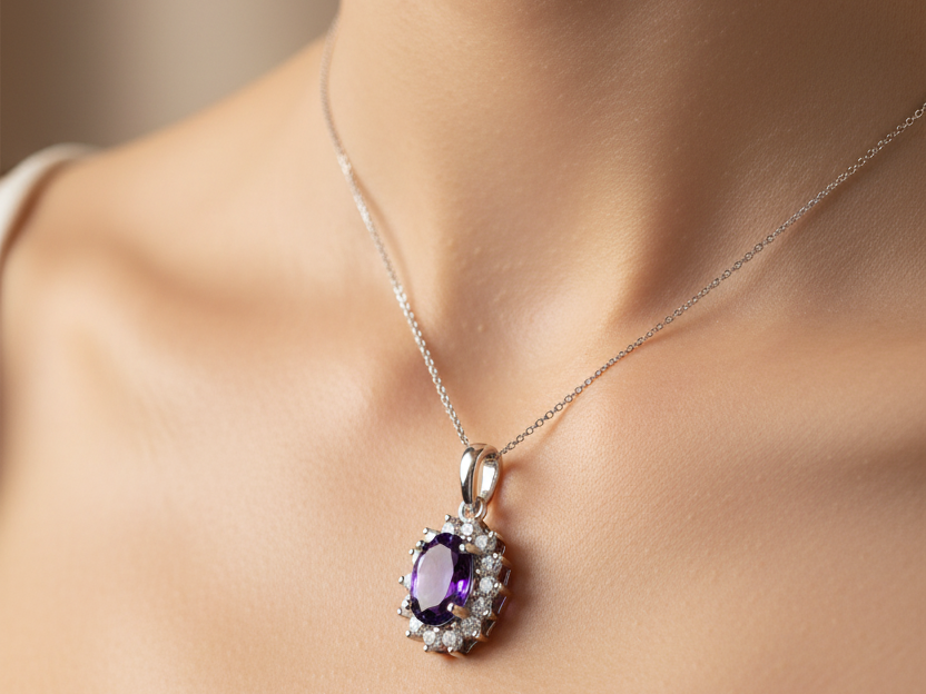 9 CT White Gold Amethyst Pendant Chained.7×5
