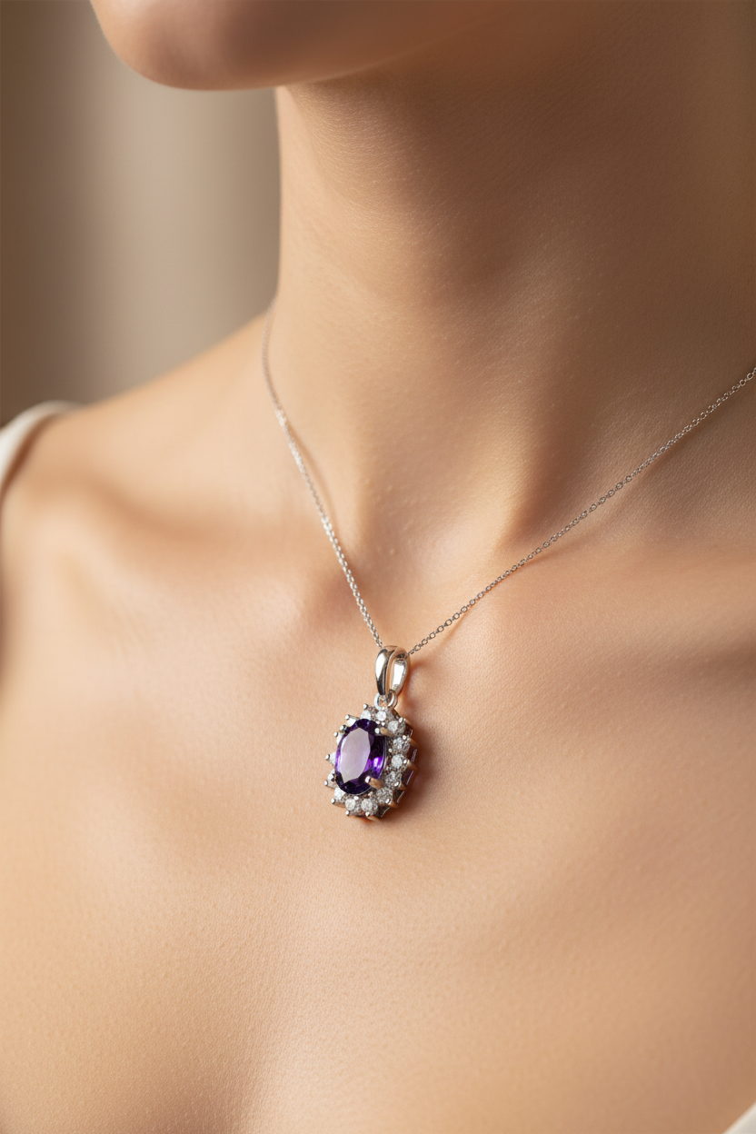 9 CT White Gold Amethyst Pendant Chained.7×5