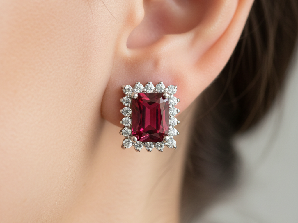 An Garnet & White Cubic Zirconia Earring.
