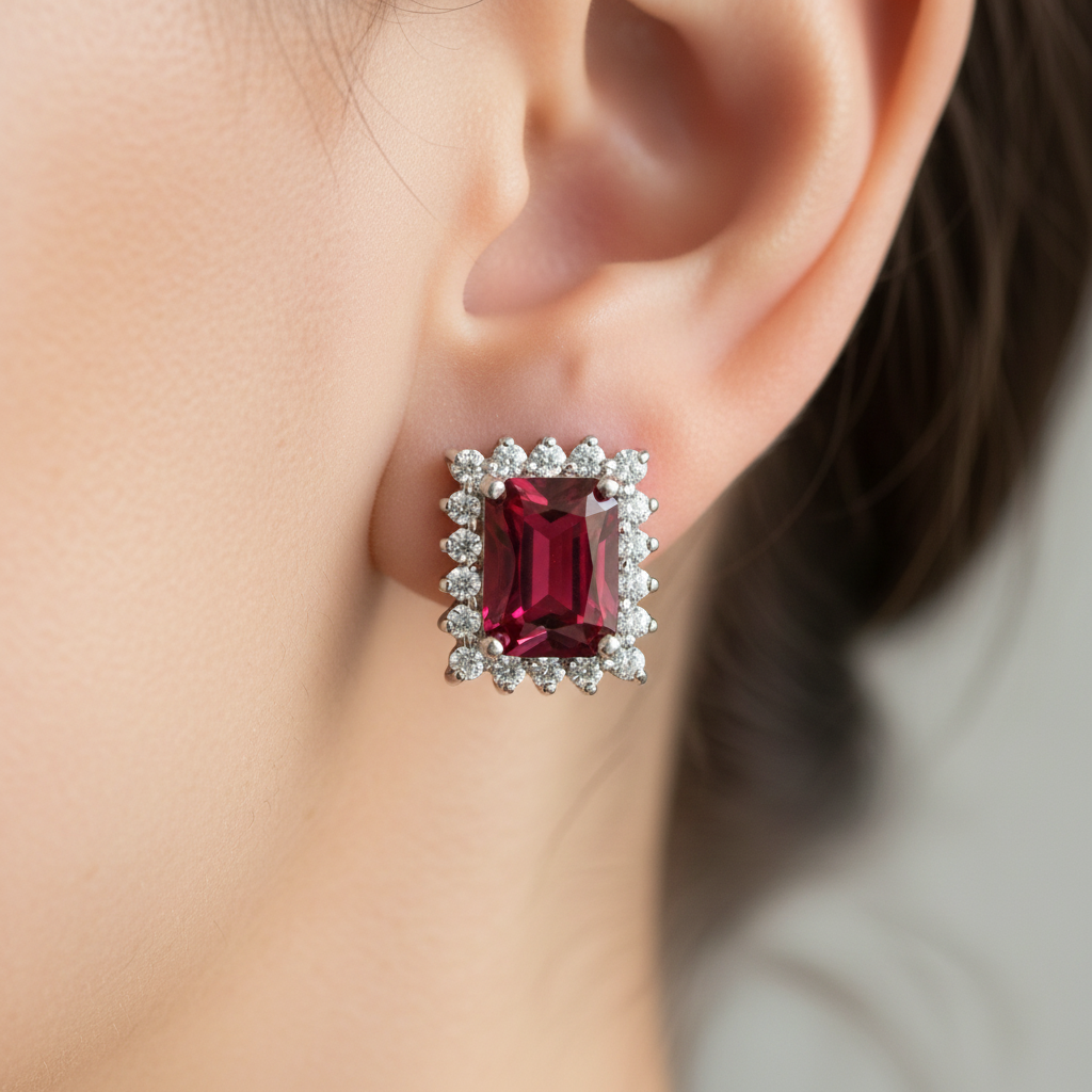 An Garnet & White Cubic Zirconia Earring.