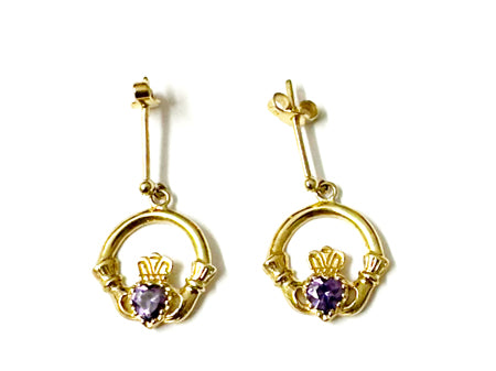 9 Carat Yellow Gold Claddagh Earrings with Amethyst Cz Stone.