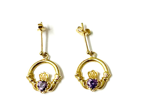 9 Carat Yellow Gold Claddagh Earrings with Amethyst Cz Stone.