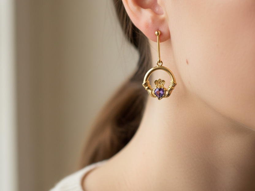 9 Carat Yellow Gold Claddagh Earrings with Amethyst Cz Stone.