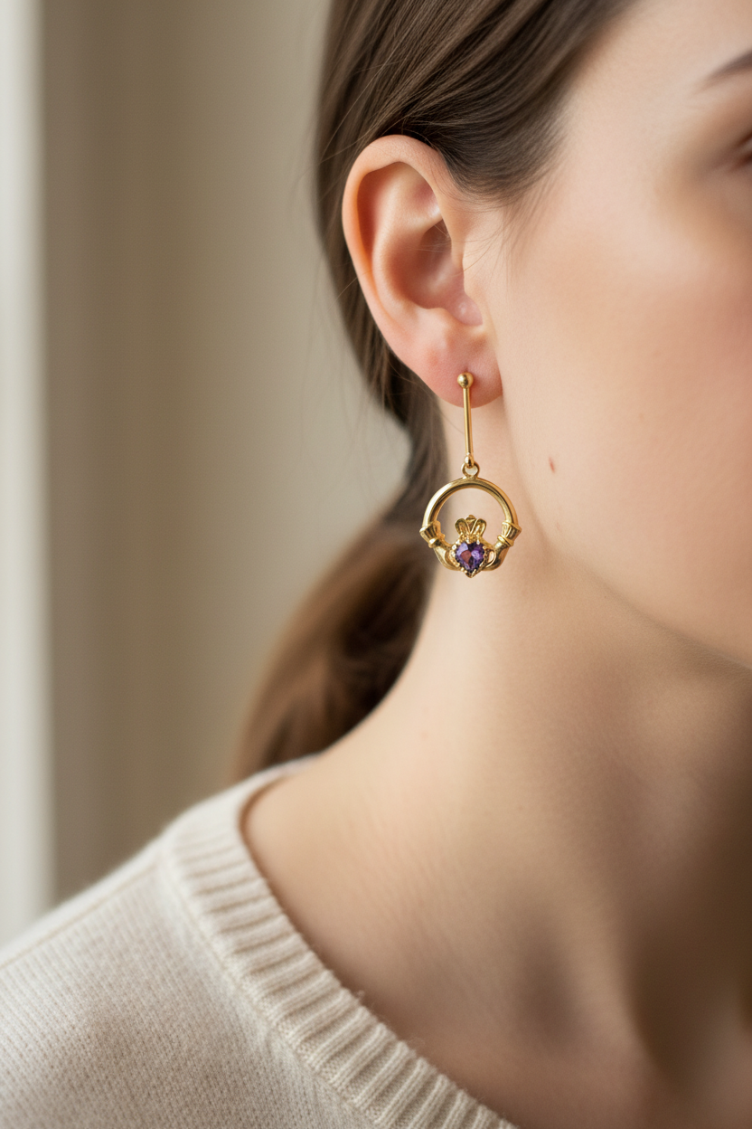 9 Carat Yellow Gold Claddagh Earrings with Amethyst Cz Stone.