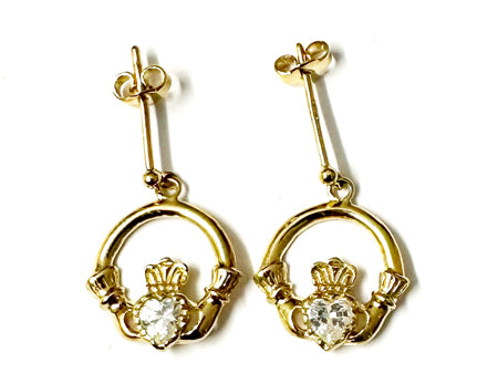 9 Carat Yellow Gold Claddagh Earrings with White Cz Stone.
