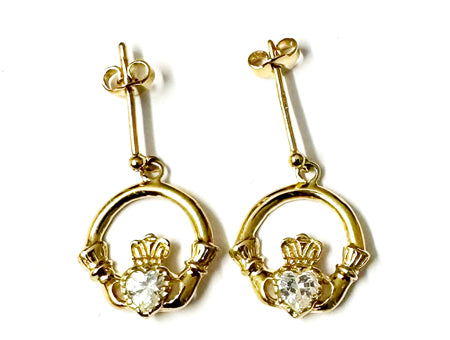 9 Carat Yellow Gold Claddagh Earrings with White Cz Stone.