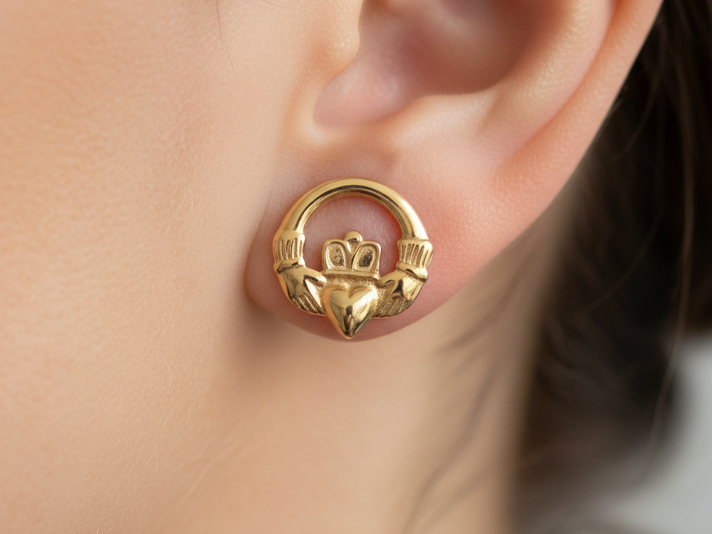 9 CT Yellow Gold Claddagh Earring Extra Lightweight 1.3gms