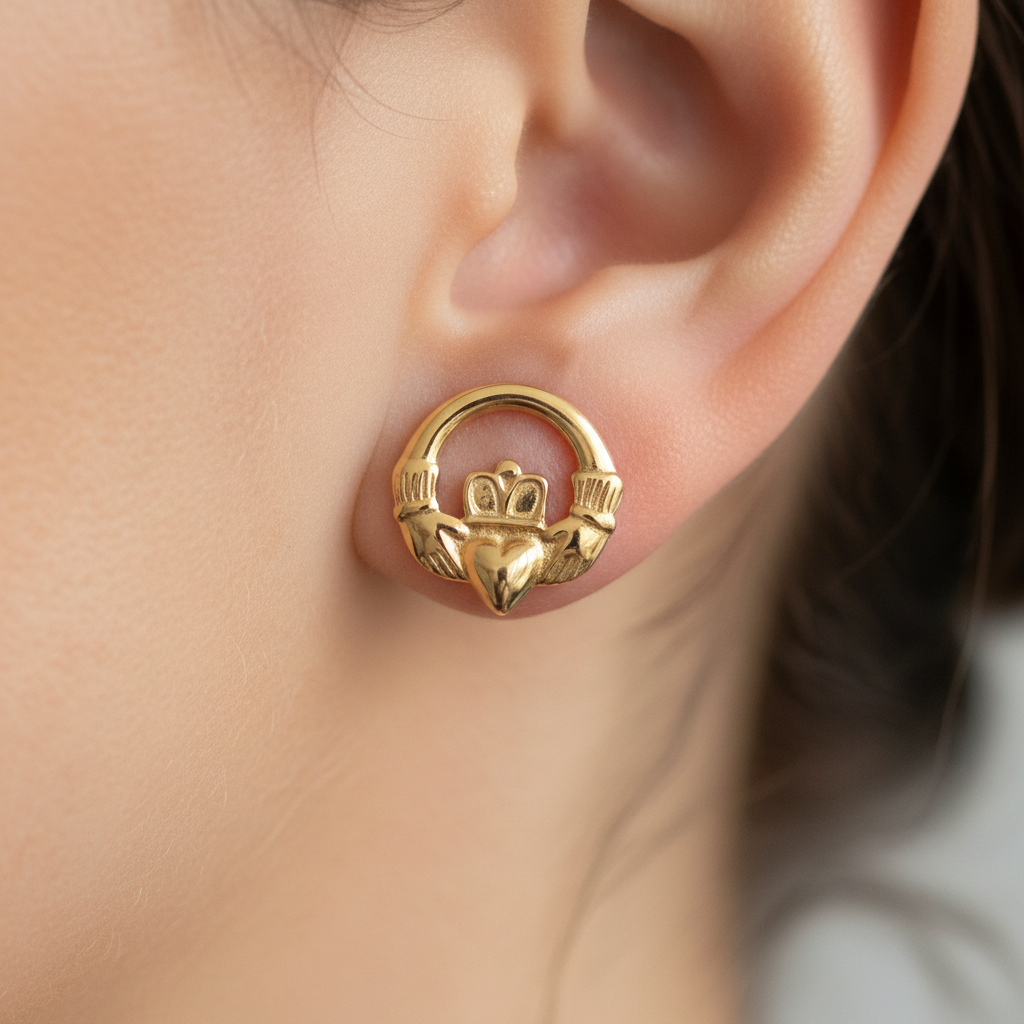 9 CT Yellow Gold Claddagh Earring Extra Lightweight 1.3gms