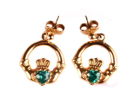9 Carat Yellow Gold Claddagh Earrings with Emerald Green Stone.