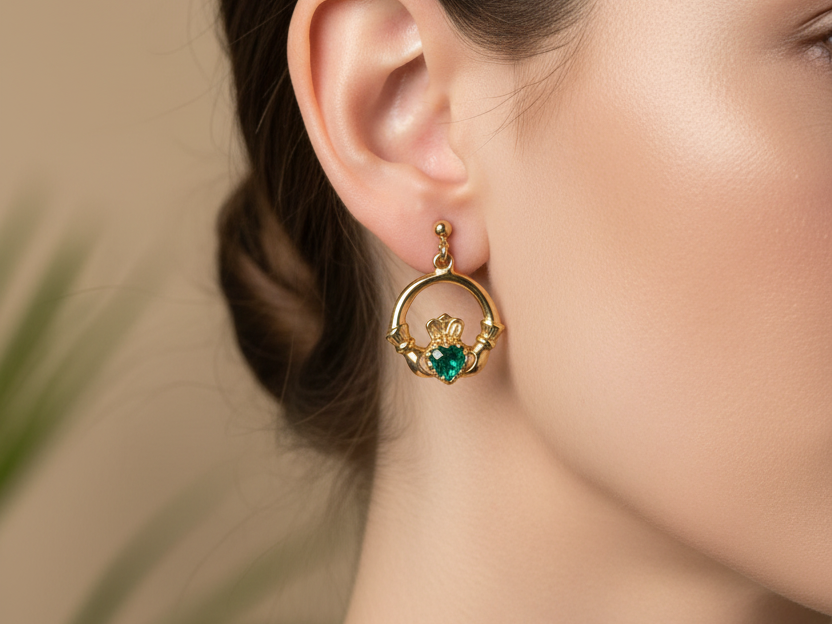 9 Carat Yellow Gold Claddagh Earrings with Emerald Green Stone.