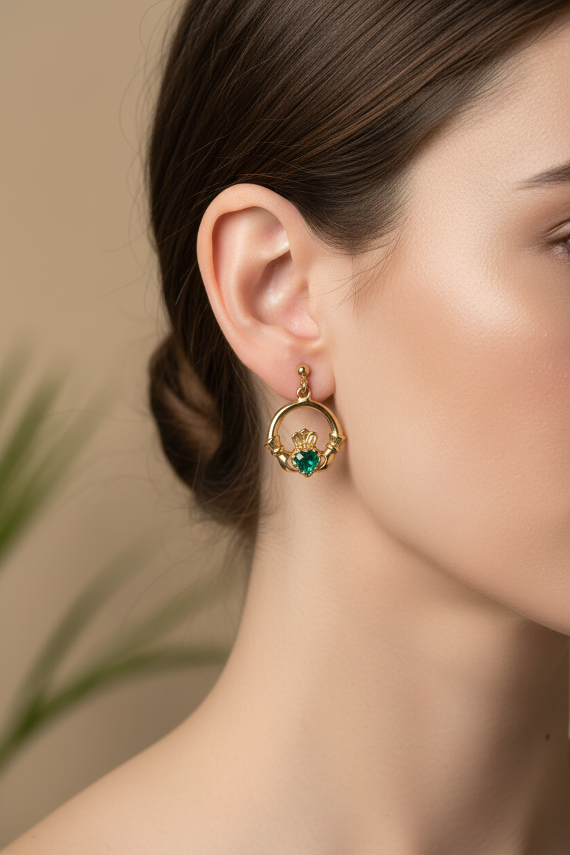 9 Carat Yellow Gold Claddagh Earrings with Emerald Green Stone.