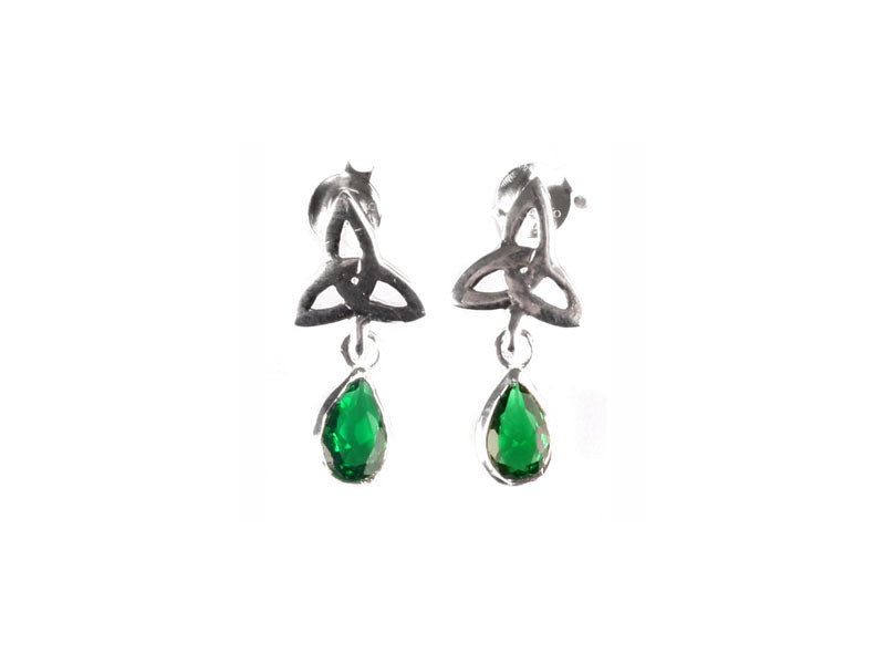 Silver Green Cz Stone Set Trinity Knot Earring