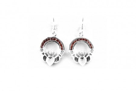Claddagh Earrings with Garnet Red Cubic Zirconia