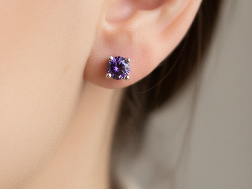Kids Amethyst February Birthstone Cubic Zirconia Silver 4 mm Claw Set Earring.