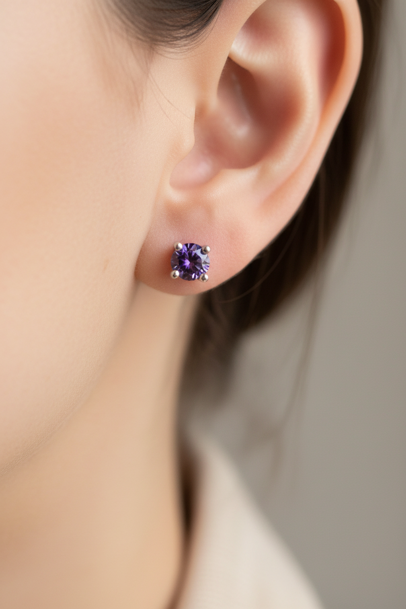 Kids Amethyst February Birthstone Cubic Zirconia Silver 4 mm Claw Set Earring.