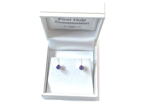 Kids Amethyst February Birthstone Cubic Zirconia Silver 4 mm Claw Set Earring.