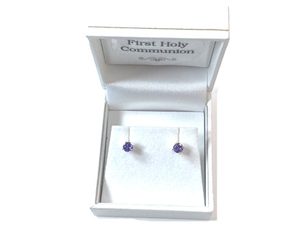 Kids Amethyst February Birthstone Cubic Zirconia Silver 4 mm Claw Set Earring.