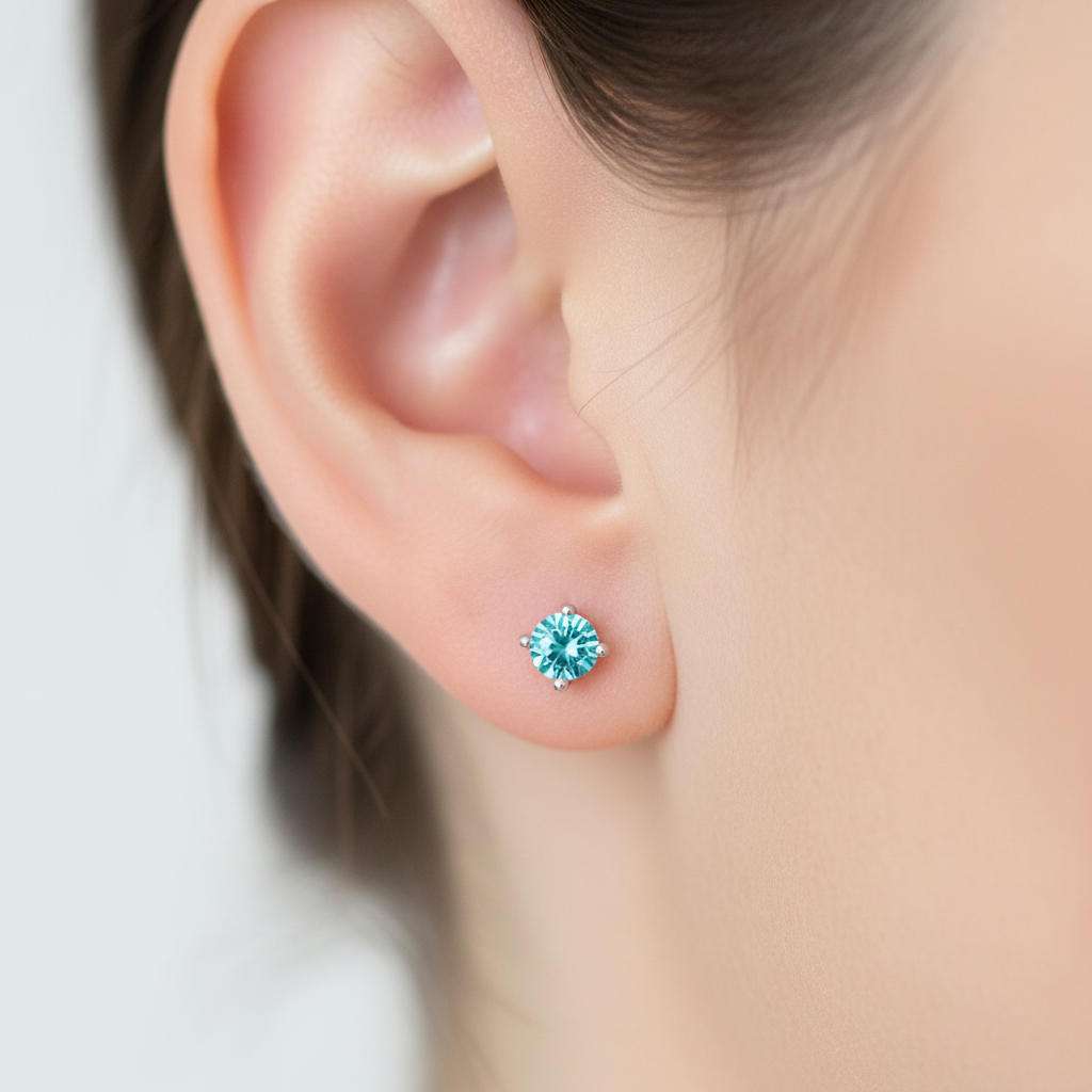 Kids Aquamarine March Birthstone Cubic Zirconia Silver 4 mm Claw Set Earring.