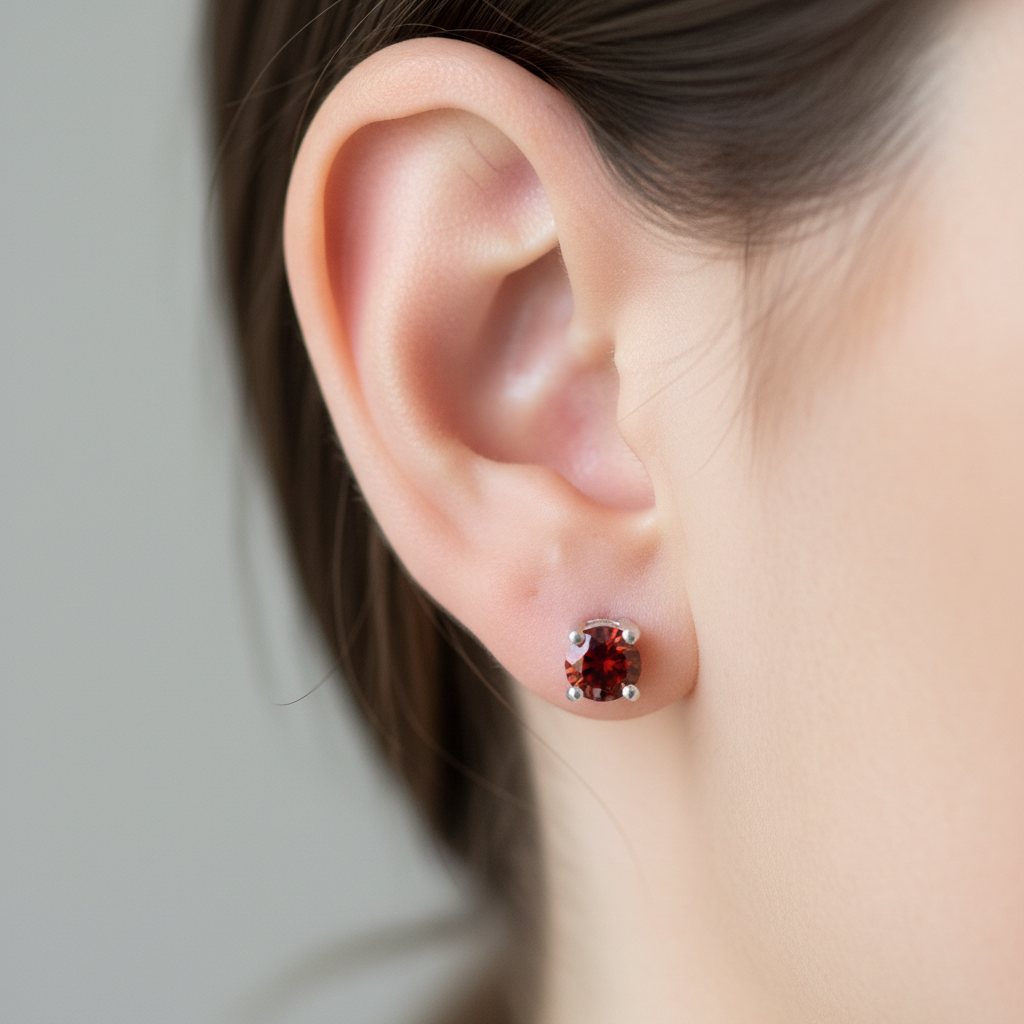 Kids Garnet January Birthstone Cubic Zirconia Silver 4 mm Claw Set Earring.