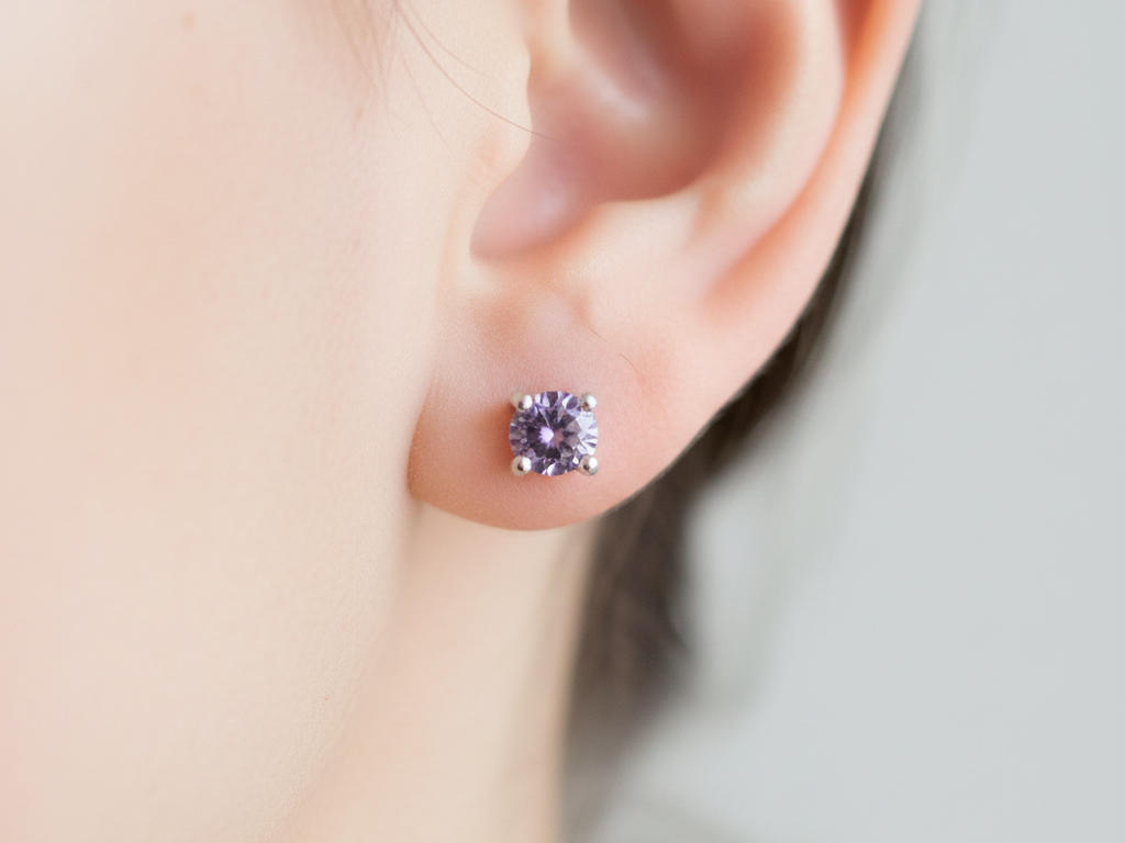 Kids Light Amethyst June Birthstone Cubic Zirconia Silver 4 mm Claw Set Earring.