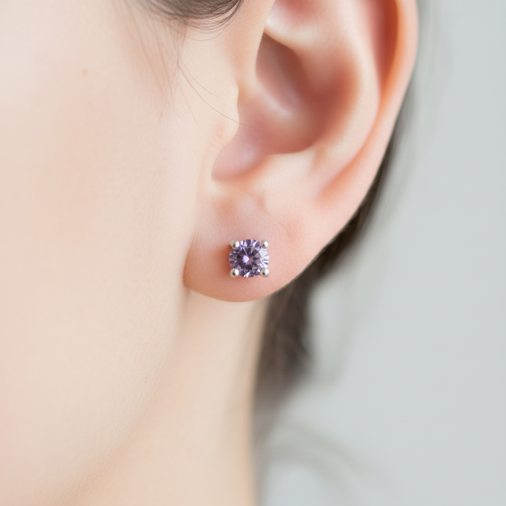 Kids Light Amethyst June Birthstone Cubic Zirconia Silver 4 mm Claw Set Earring.