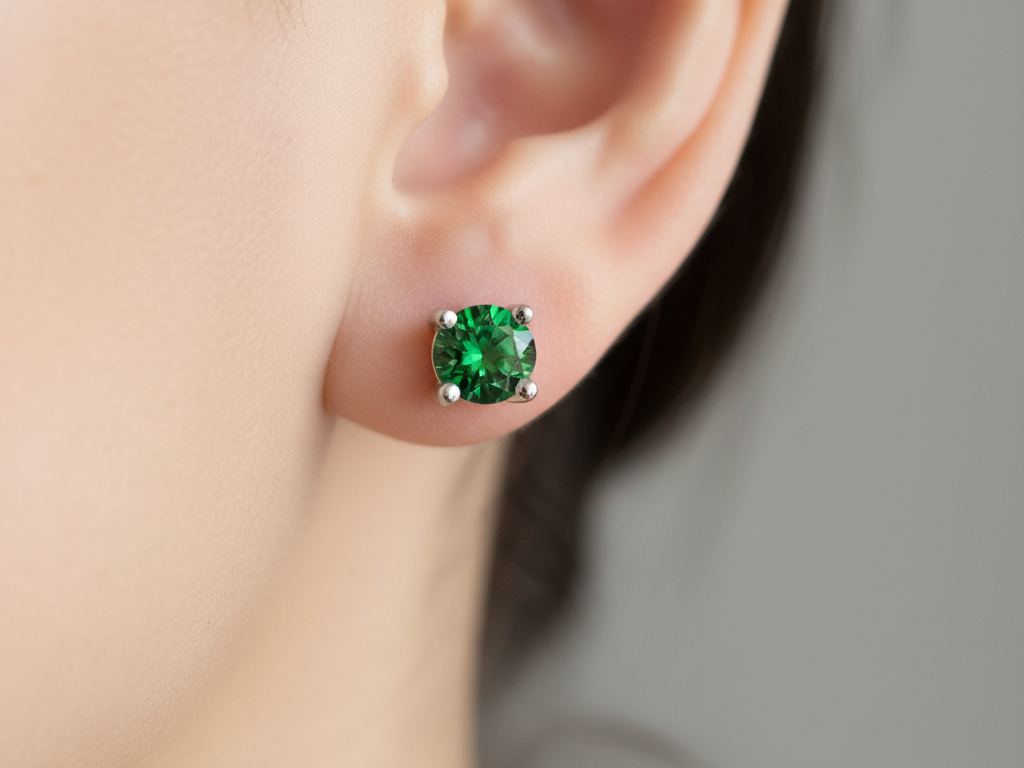 Kids Emerald May Birthstone Cubic Zirconia Silver 4 mm Claw Set Earring.