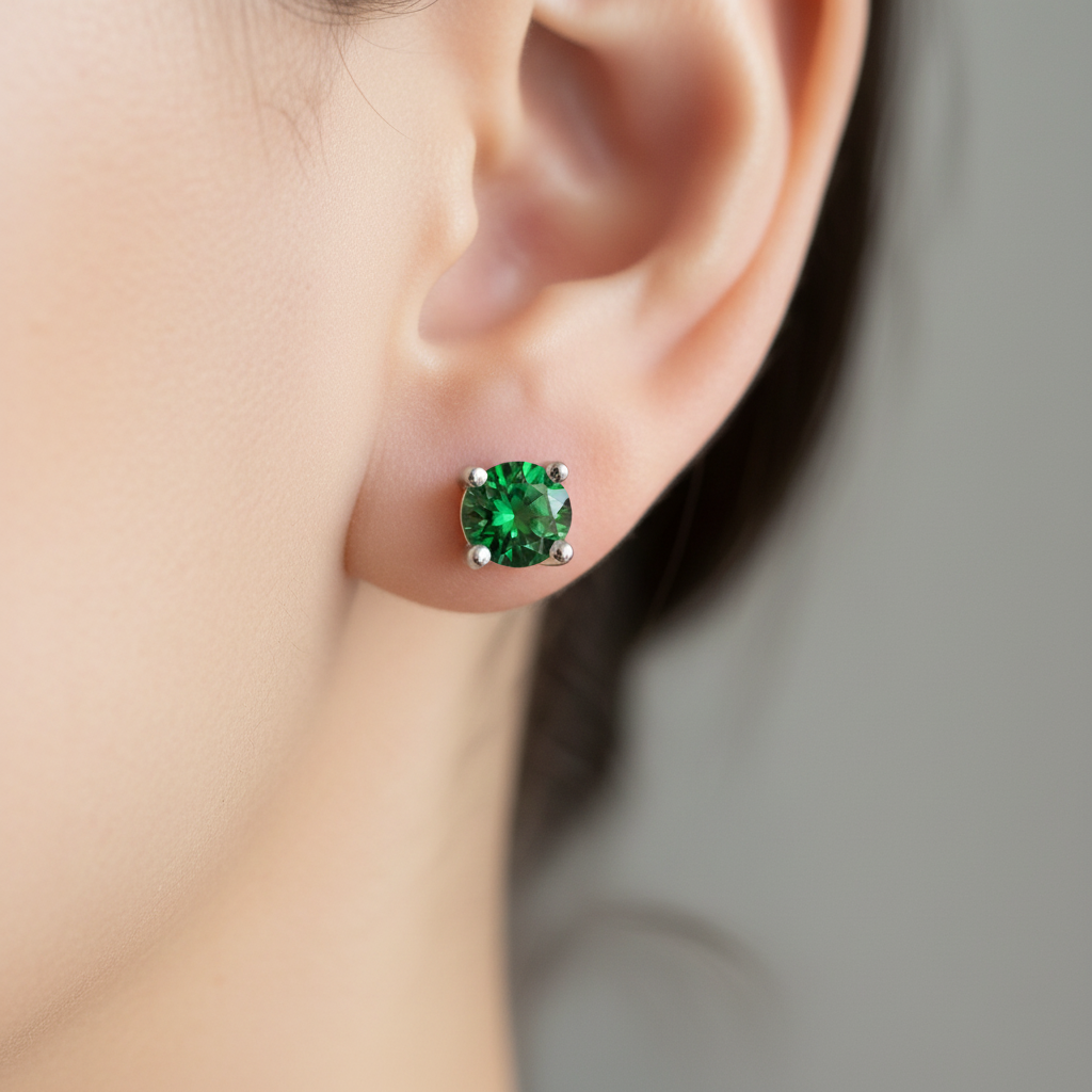 Kids Emerald May Birthstone Cubic Zirconia Silver 4 mm Claw Set Earring.